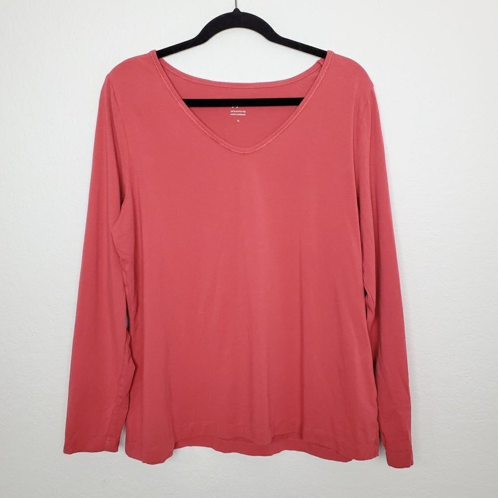 Women's Long-Sleeve V-Neck Top - Coral Pink